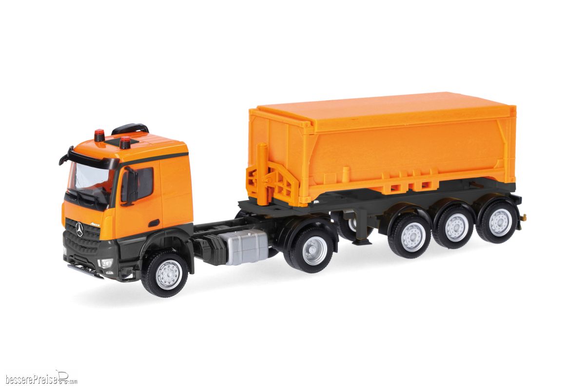 Herpa 318549 - Mercedes-Benz Arocs Classicspace Abraumcontainer-Sattelzug, kommunalorange/anthrazit