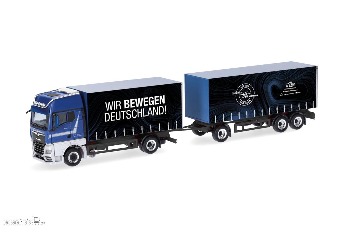 Herpa 318563 - MAN TGX GX Gardinenplanen-Hängerzug ´Stickelmann/Wir bewegen Deutschland´ (Nordrh.-Westf./Würselen)