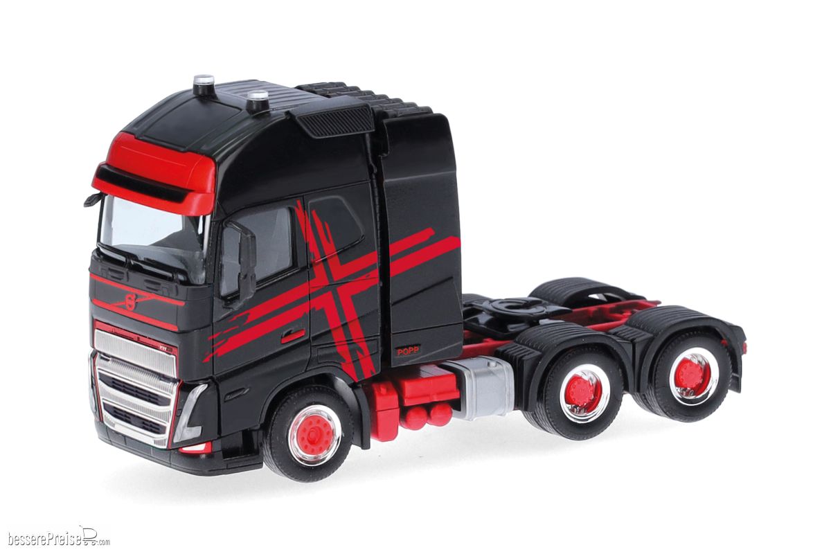 Herpa 318624 - Volvo FH GL XL 2020 Zugmaschine mit Schwerlastturm, schwarz/rot