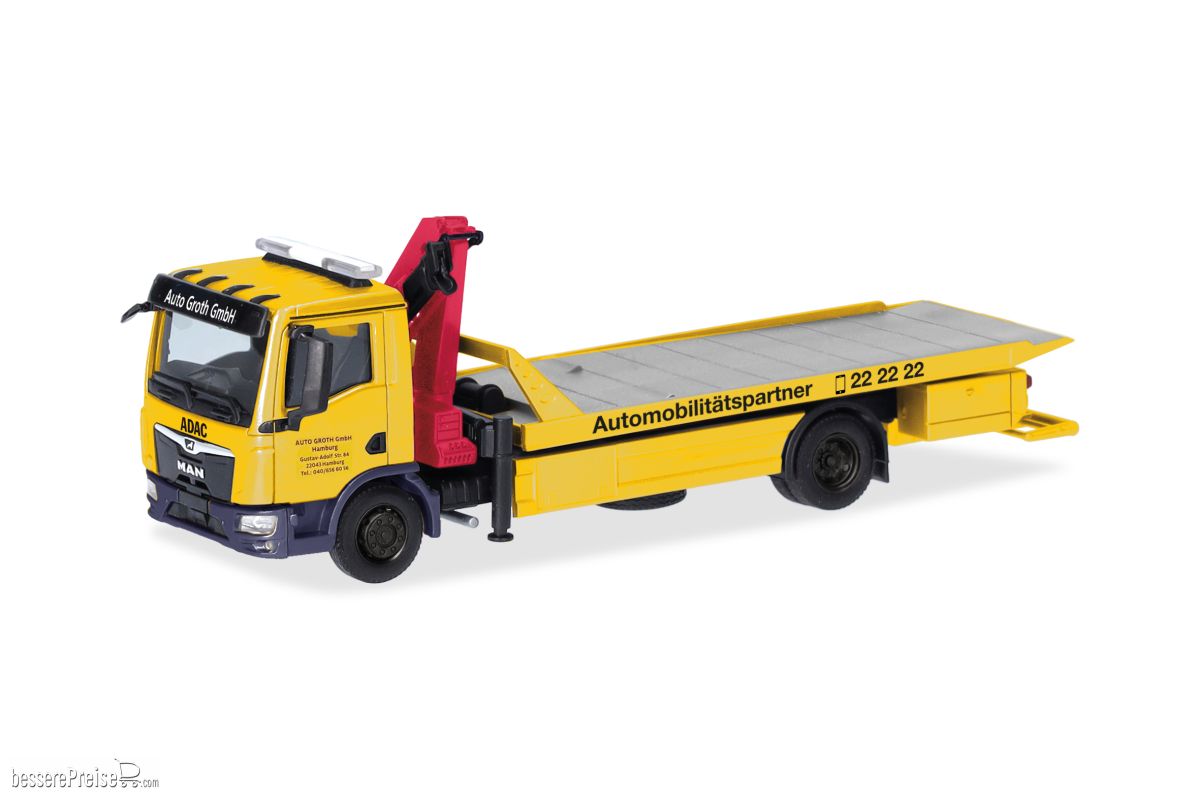 Herpa 318679 - MAN TGM Plateau-Abschlepp-LKW mit Kran ´ADAC/Auto Groth´