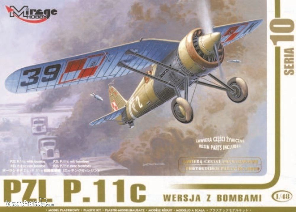 Mirage Hobby 481002 - PZL P.11c mit Bomben, Resin- und Fotoätzteilen