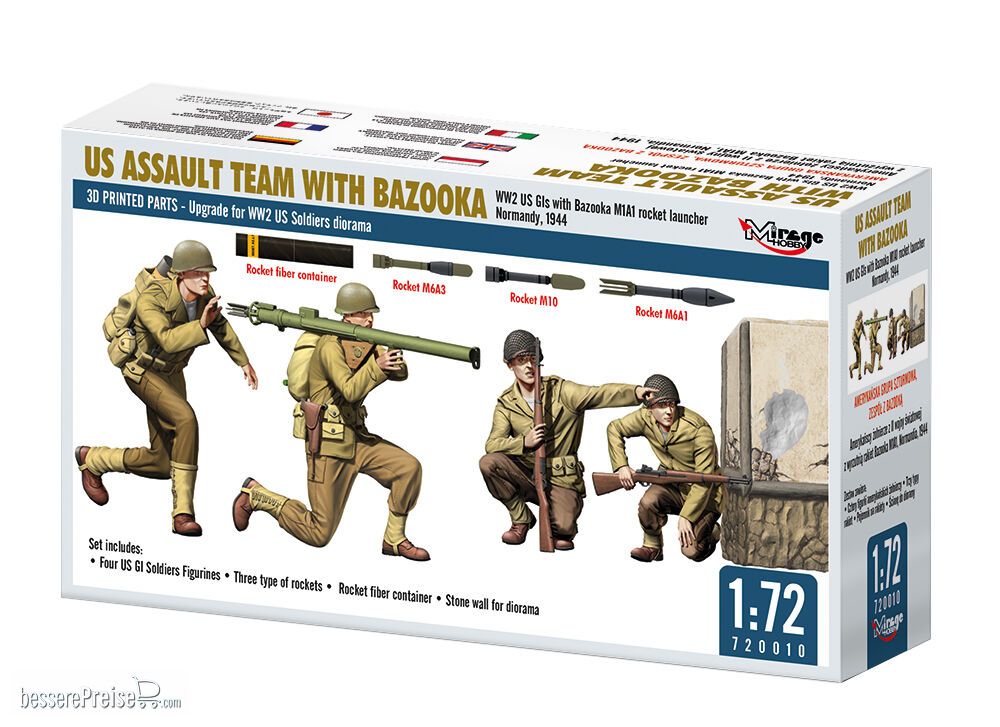 Mirage Hobby 720010 - US ASSAULT TEAM WITH BAZOOKA, WW2 US GIs with Bazooka M1A1 rocket launcher Normandy, 1944