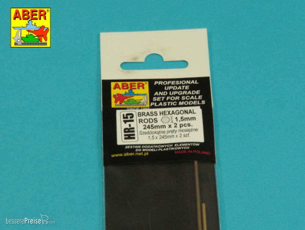 Aber Models HR -15 - Brass hexagonal rods 1,5mm length 245mm x2 pcs.