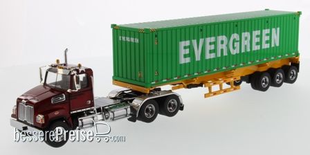 Diecast Masters 71049 - Western Star 4700SB Tandem w. 40Ft Container Zugmaschine + Auflieger - Rot mit gelber Auflieger und 40Ft Evergreen Container