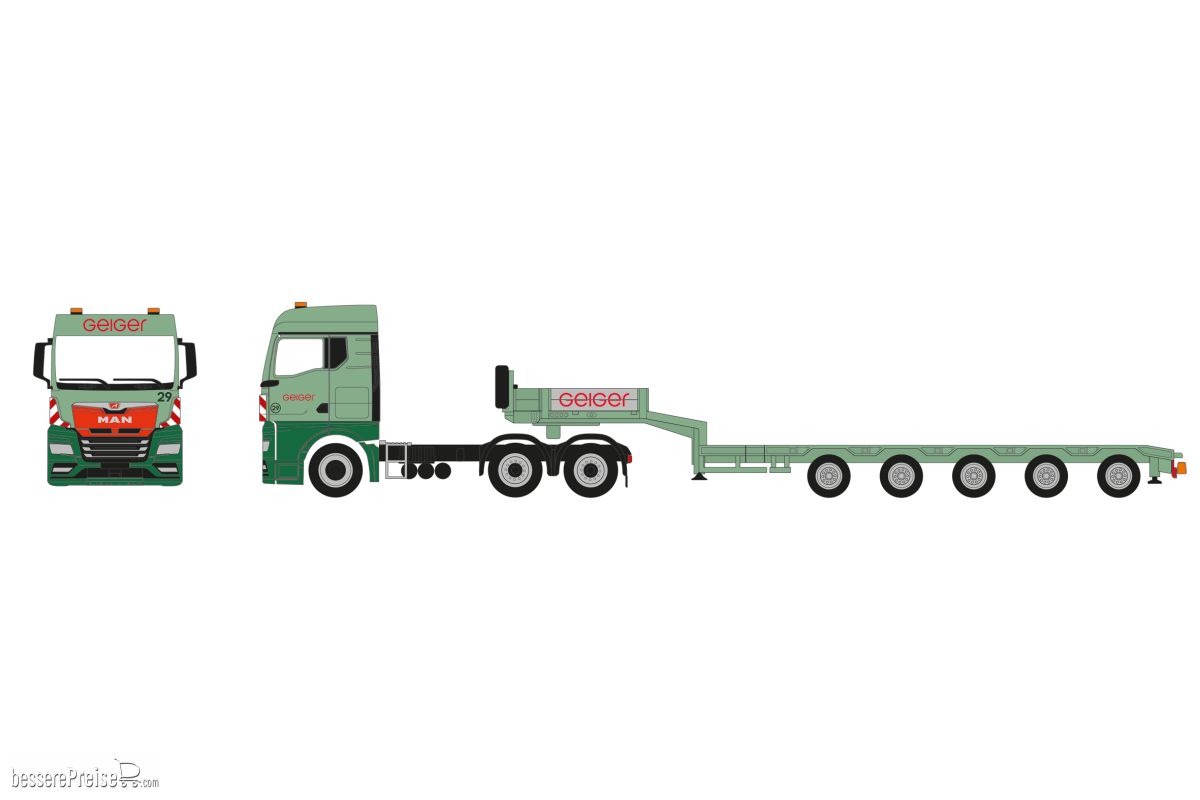 Herpa 958585 - MAN TGX GM Semitieflade-Sattelzug mit Rampen Geiger