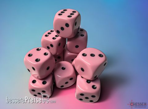 Chessex CHX25664 - Opaque 16mm d6 Pastel Pink/black Dice Block™ (12 dice)