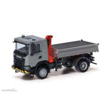 Herpa 318051 - Scania XT17 3-Seitenkipper mit Ladekran, grau/gelb