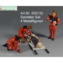 Prehm-Miniaturen 500133 - Medi-Set - zwei Sanitäter, Notarzt und verletzte Person auf Trage.