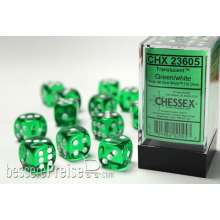 Chessex Würfel CHX23605 - Green w/white Translucent 16mm d6 with pips Dice Blocks™ (12 Dice)