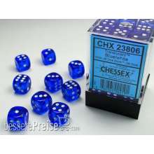 Chessex Würfel CHX23806 - Blue w/white Translucent 12mm d6 with pips Dice Blocks™ (36 Dice)