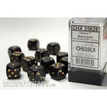 Chessex Würfel CHX25628 - Black w/gold Opaque 16mm d6 with pips Dice Blocks™ (12 Dice)