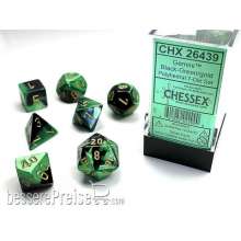 Chessex Würfel CHX26439 - Black-Green w/gold Gemini™ Polyhedral 7-Die Sets