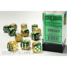 Chessex Würfel CHX26625 - Gold-Green w/white Gemini™ 16mm d6 with pips Dice Blocks™ (12 Dice)