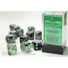 Chessex Würfel CHX26645 - Black-Grey w/green Gemini™ 16mm d6 with pips Dice Blocks™ (12 Dice)