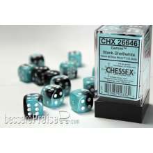 Chessex Würfel CHX26646 - Black-Shell w/white Gemini™ 16mm d6 with pips Dice Blocks™ (12 Dice)