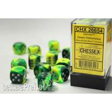 Chessex Würfel CHX26654 - Green-Yellow w/silver Gemini™ 16mm d6 with pips Dice Blocks™ (12 Dice)