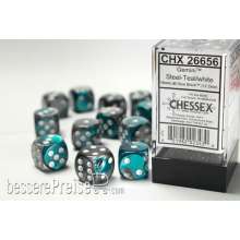 Chessex Würfel CHX26656 - Steel-Teal w/white Gemini™ 16mm d6 with pips Dice Blocks™ (12 Dice)