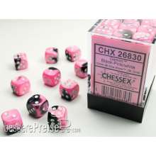 Chessex Würfel CHX26830 - Black-Pink w/white Gemini™ 12mm d6 with pips Dice Blocks™ (36 Dice)