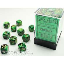 Chessex Würfel CHX26839 - Black-Green w/gold Gemini™ 12mm d6 with pips Dice Blocks™ (36 Dice)