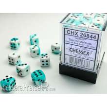 Chessex Würfel CHX26844 - White-Teal w/black Gemini™ 12mm d6 with pips Dice Blocks™ (36 Dice)